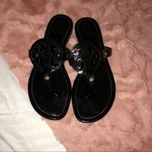 TORY BURCH BLACK PATENT MILLER SANDALS